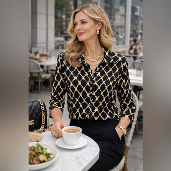 Evan Picone Tops - Evan Picone Geometric Print Blouse Medium Black Gold White 3/4 Sleeve Chic Top